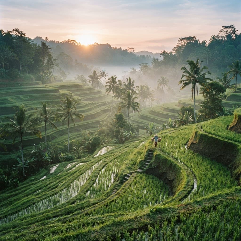 Lush cascading emerald rice terraces in Tegallalang Ubud